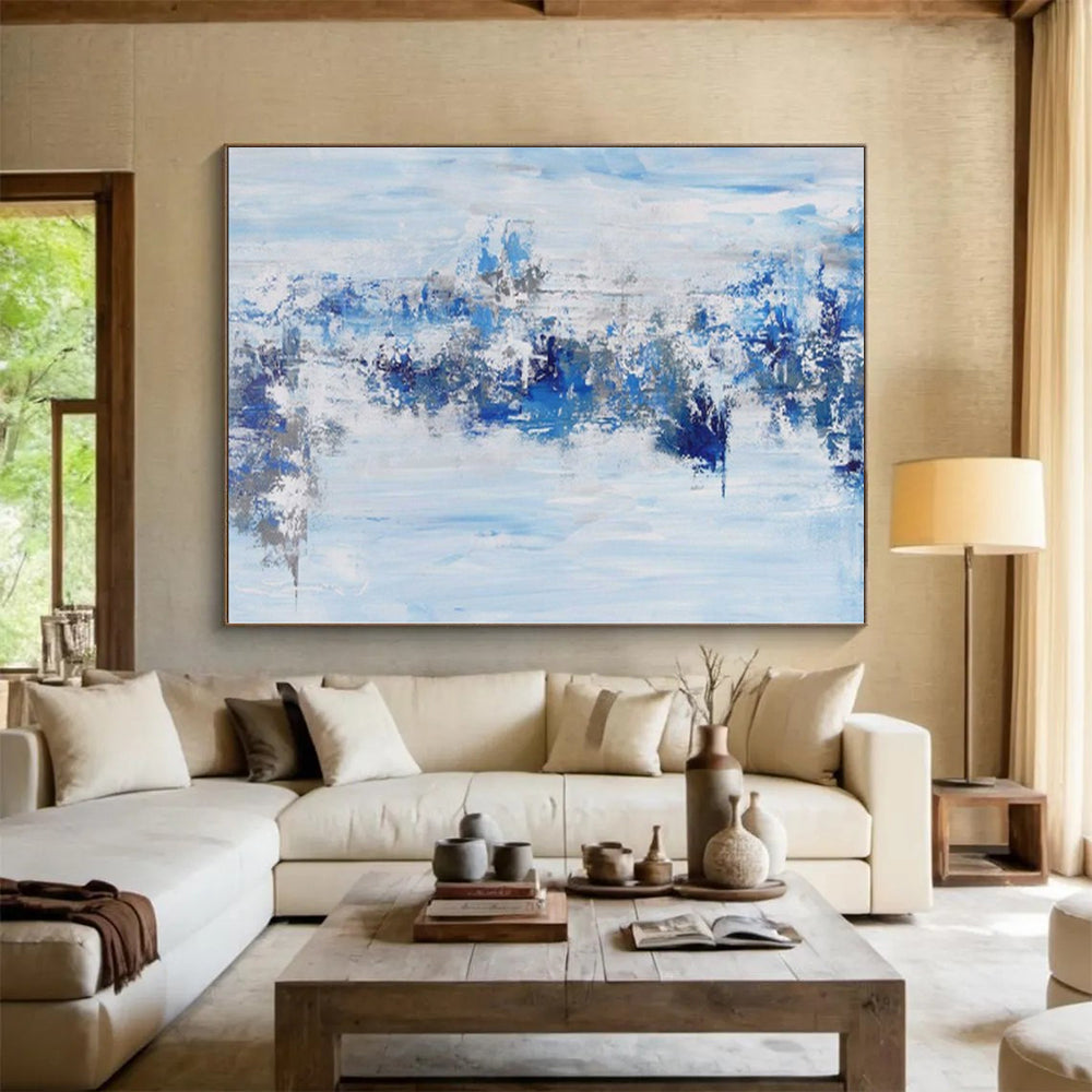 “Blue & Gray Waterfall” - Abstract Painting with Light Blue, Dark Blue, Gray CT0072