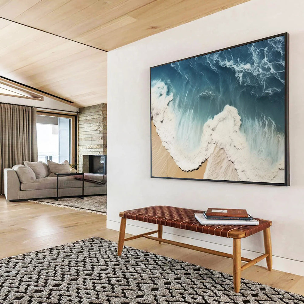 “Aerial Beach Waves” - Hues of blue, white, beige; aerial view of waves lapping against a sandy beach CT1549