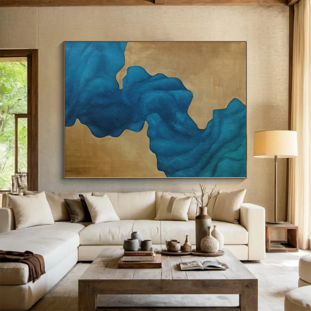 “Fluid Blue on Gold” Abstract Acrylic Art CT0343