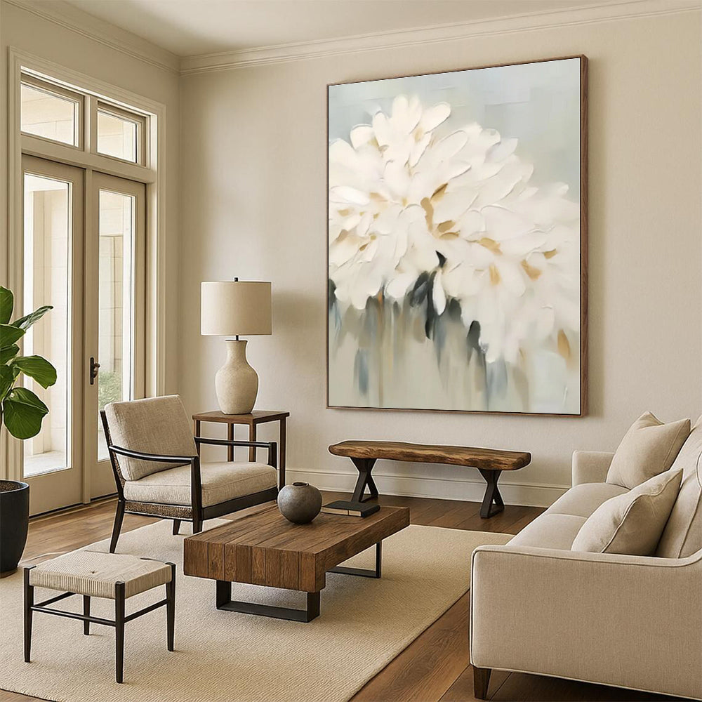 “Textured White Flowers”,Abstract Floral Impasto Painting CT0543