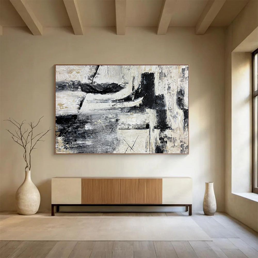 “Industrial Rhythm” – Black, white, gray with rough, intersecting acrylic shapes CT1692