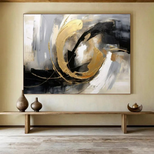 “Gold - Black Swirl Dynamics” - Blacks, whites, golds; bold, swirling abstraction with metallic accents CT1627