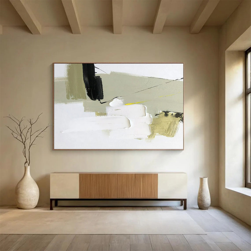 “Earthy Accents” - Black, white, beige, olive; layered blocks and thin lines CT1567