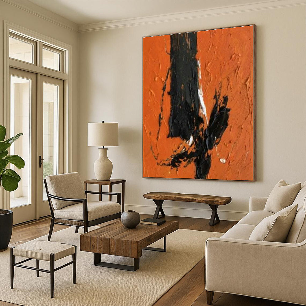 “Black - White - Orange Textured Strokes”,Abstract Expressionist Art CT0604