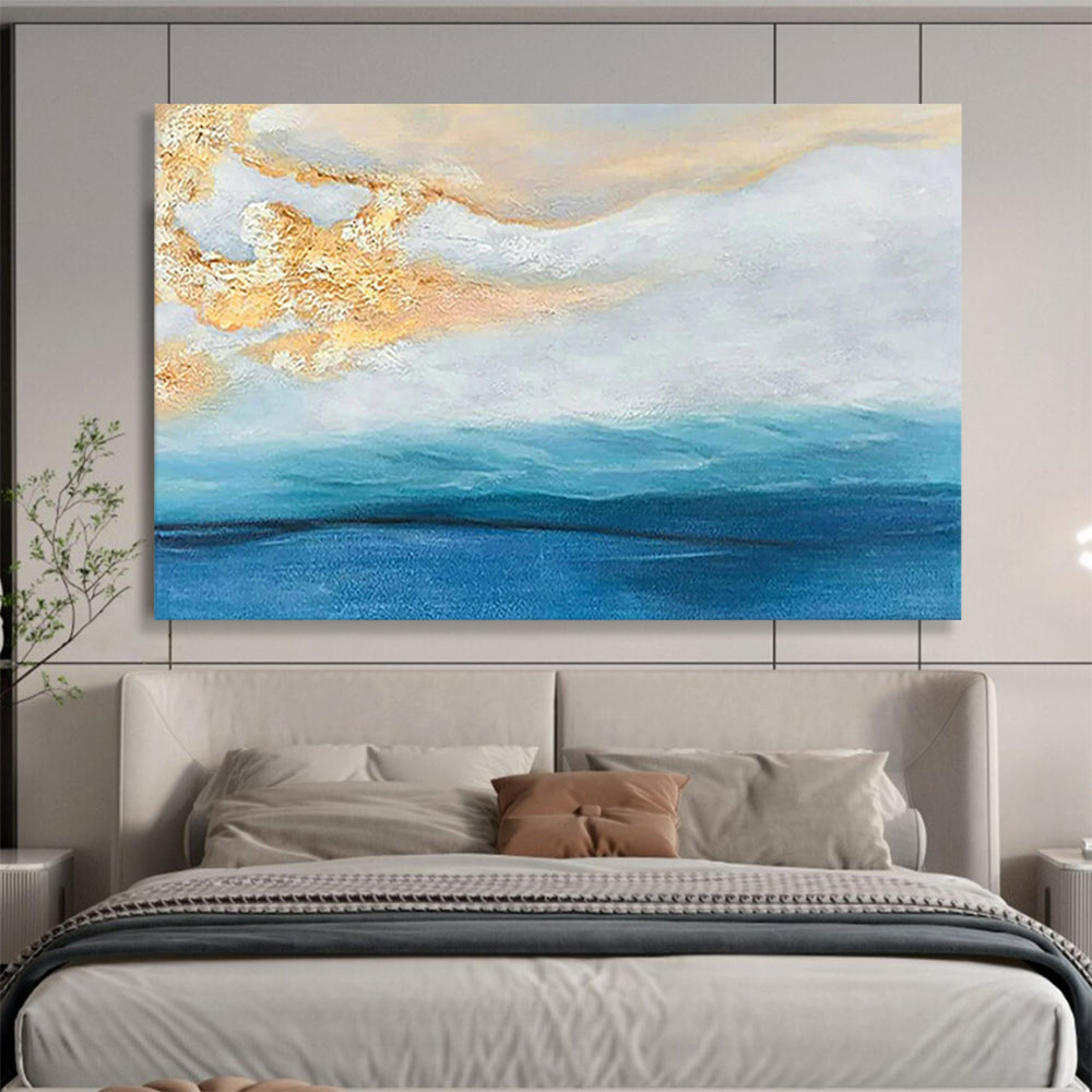 “Coastal Gleam” - Blues, whites, gold; fluid, seascape - inspired abstract forms CT1521