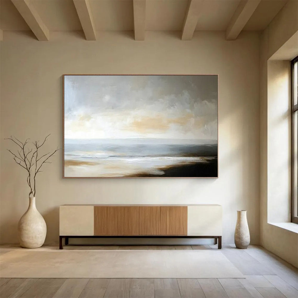 “Muted Coastal Calm” – Grays, beiges, soft blues painting a serene, minimalist seascape CT1701