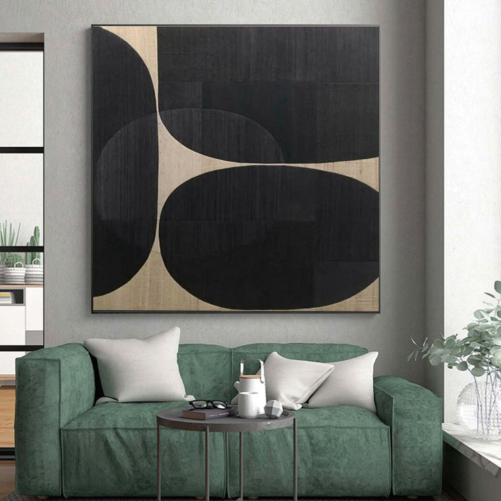 “Black Circles & Beige - Gold Weave”,Hard - Edge Abstract Art CT0595