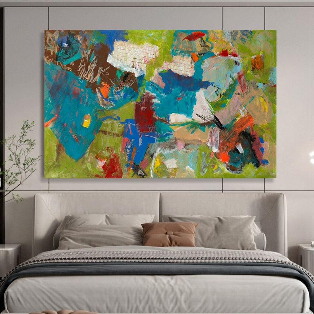 Colorful, dynamic abstract figures on a green backdrop CT1677
