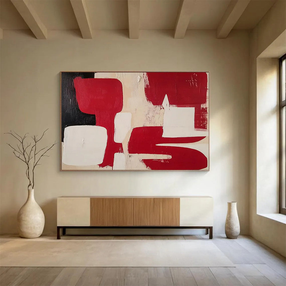 Red, Black, and White Geometric Forms - Minimalist Acrylic Art CT1802