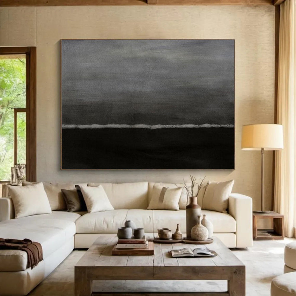 “Dark Horizons” - Deep grays, blacks, subtle white line; minimalist, moody landscape - like abstraction CT1517