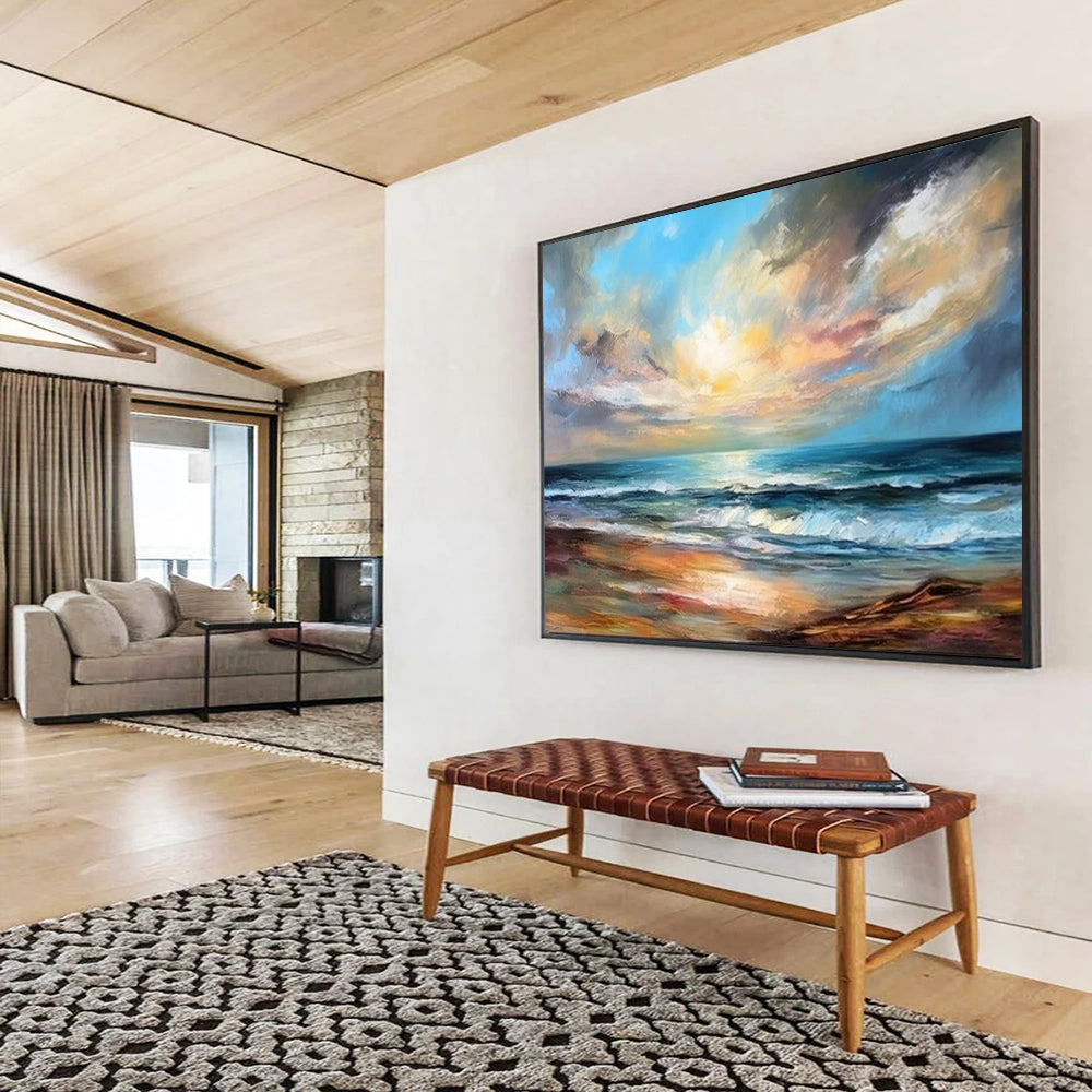 “Realistic Seaside Sunset I” - Blue, orange, yellow, purple; detailed sunset beach scene CT1593