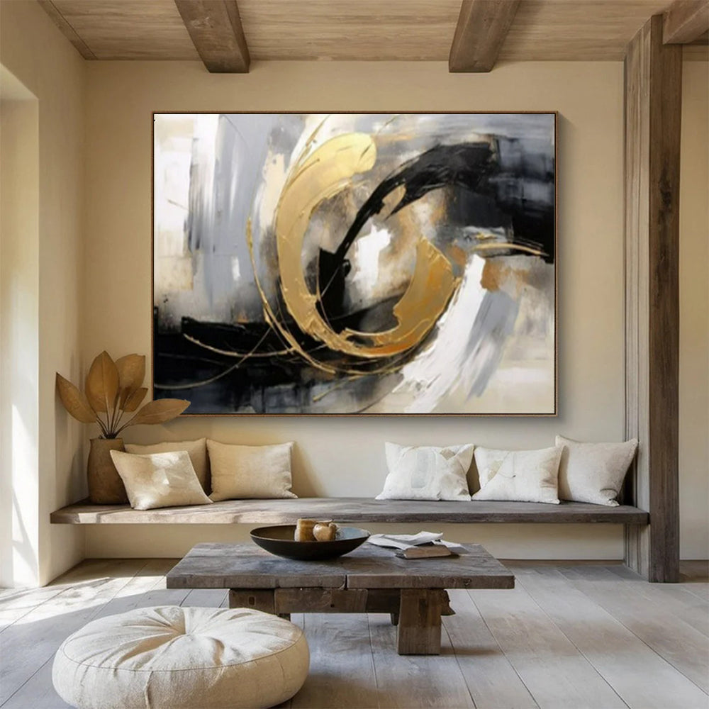 “Gold - Black Swirl Dynamics” - Blacks, whites, golds; bold, swirling abstraction with metallic accents CT1627