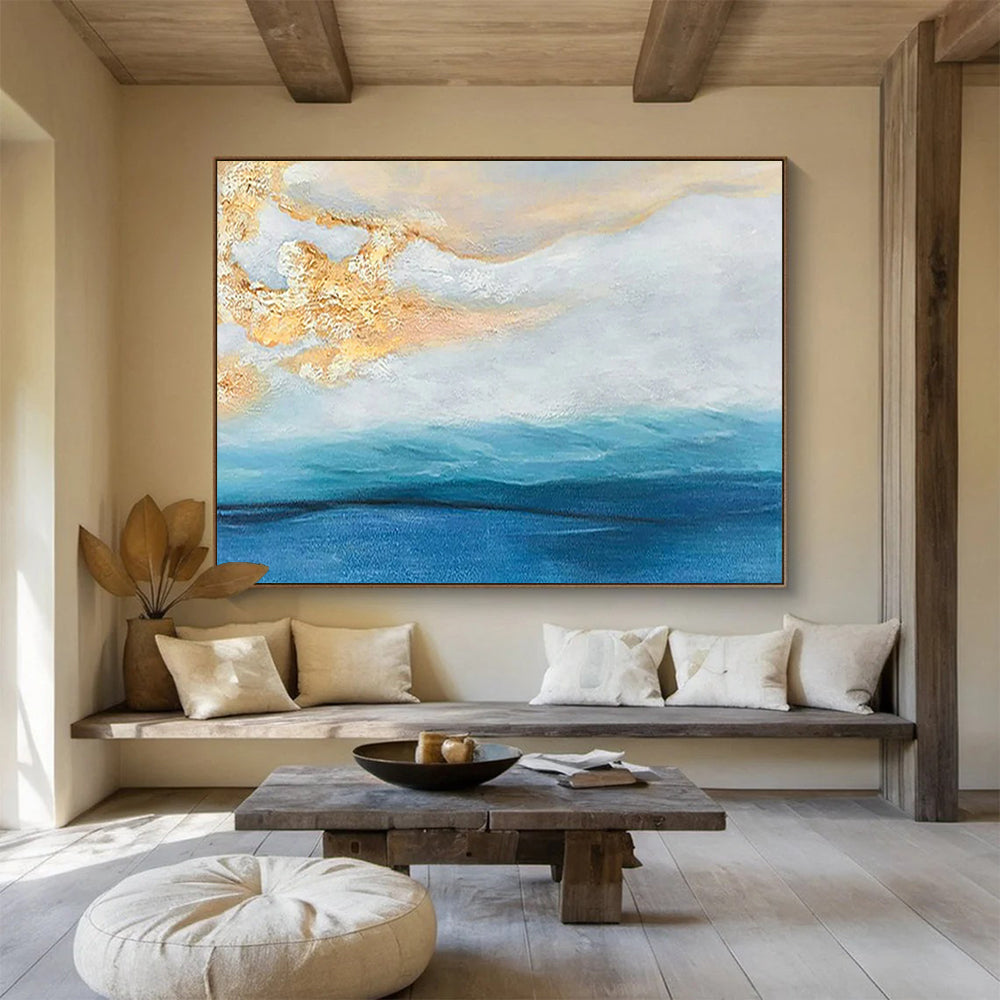 “Coastal Gleam” - Blues, whites, gold; fluid, seascape - inspired abstract forms CT1521
