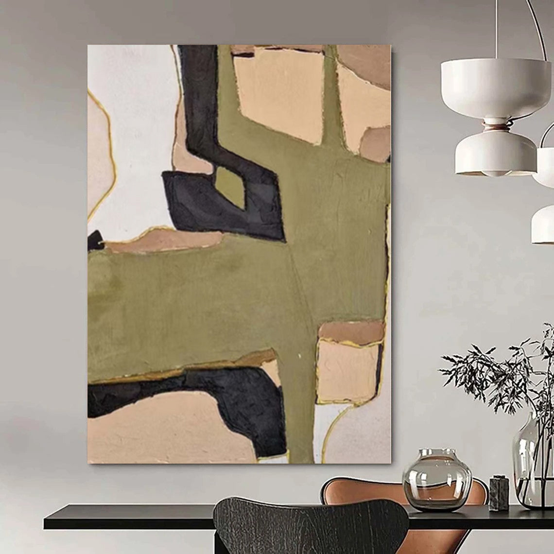“Olive, Black, and Beige Geometric Collage” Mixed - Media Art CT0169