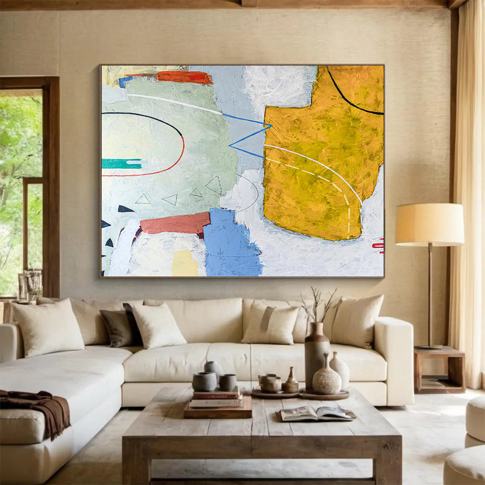 “Curved Lines and Color Patches in Pastels and Yellows” - Soft Abstract Acrylic Art CT1809