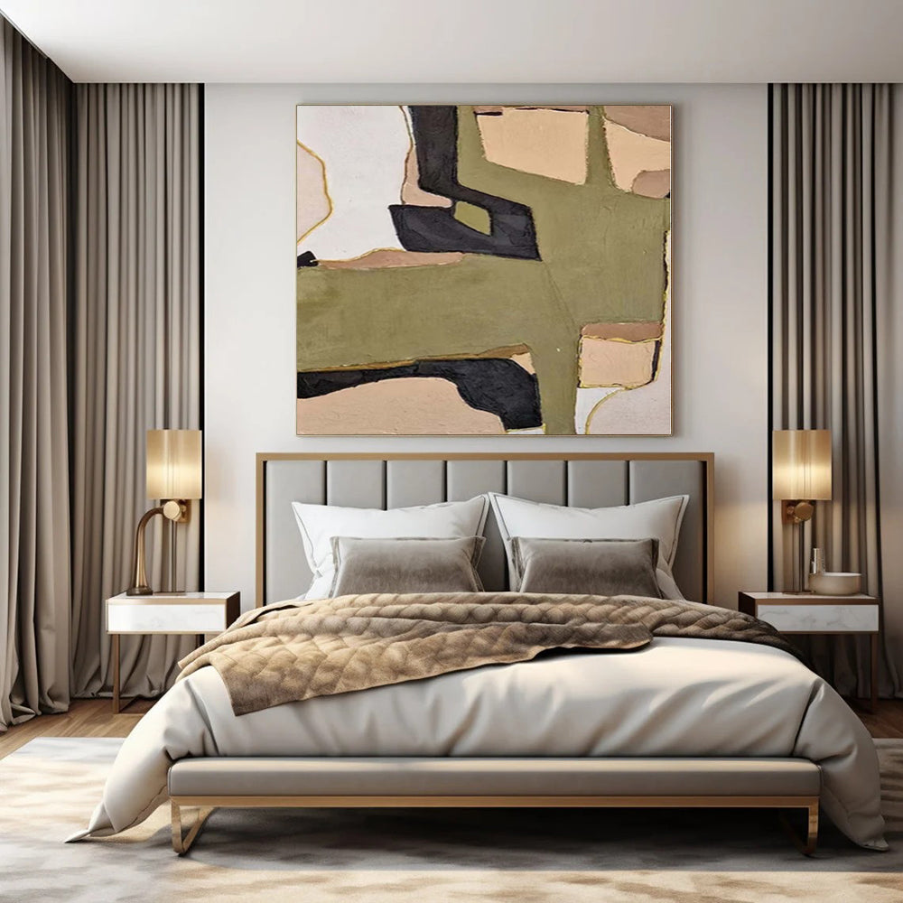 “Olive, Black, and Beige Geometric Collage” Mixed - Media Art CT0169