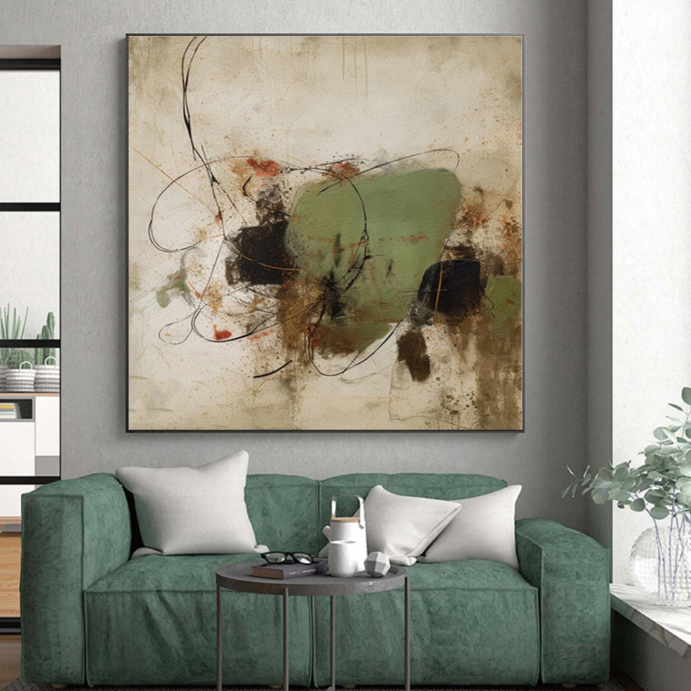 “Green - Black Swirling Abstract”,Abstract Expressionist Mixed - Media Art CT0569