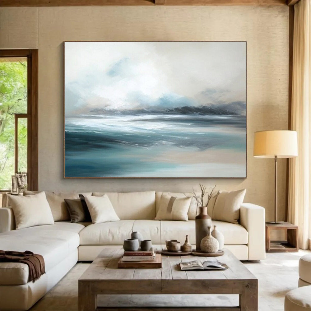 “Soft - Toned Seaside” - A hazy seascape in light blue, white, and gray CT1638