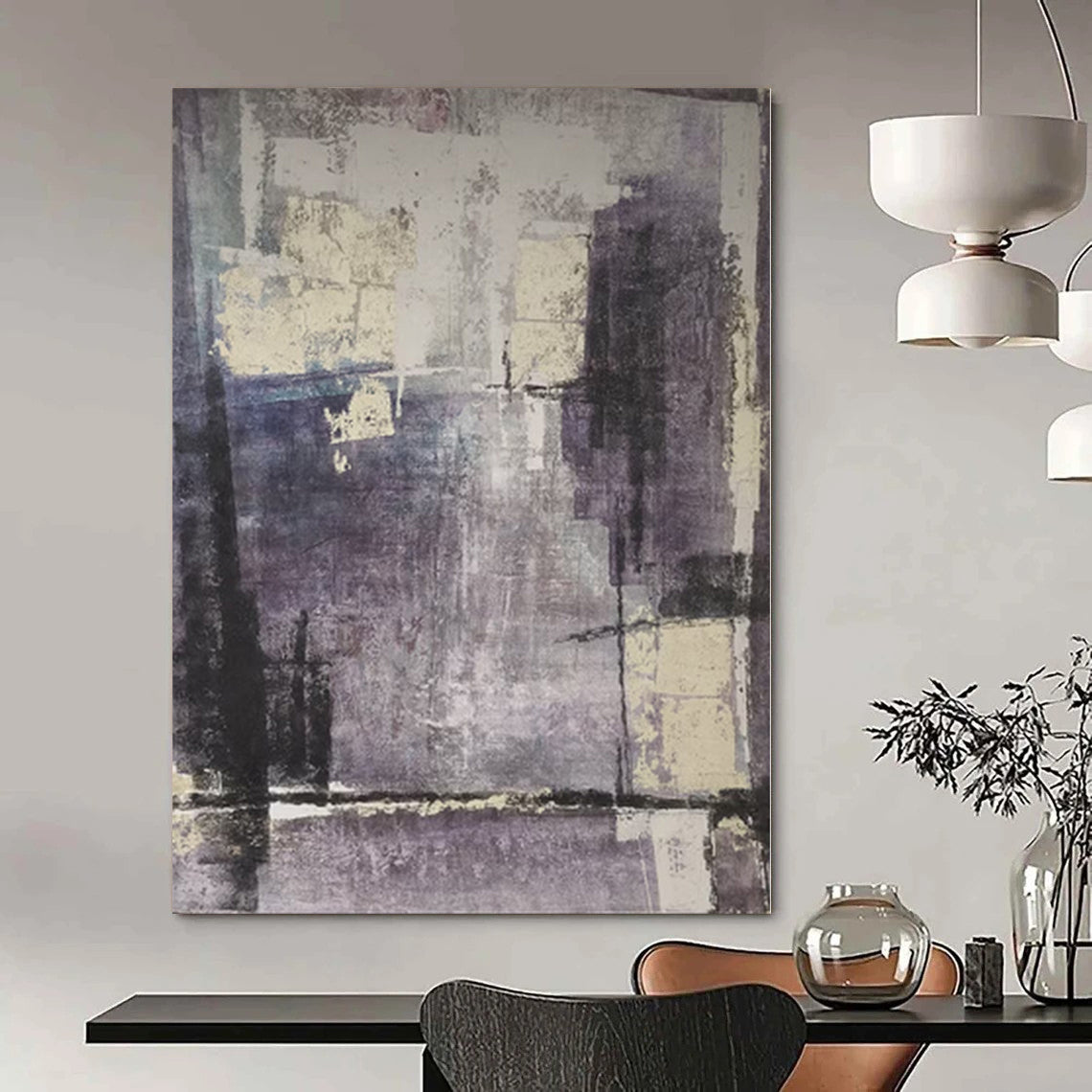 “Muted Purple Geometry” - Abstract Painting with Purple, Gray, White CT0106