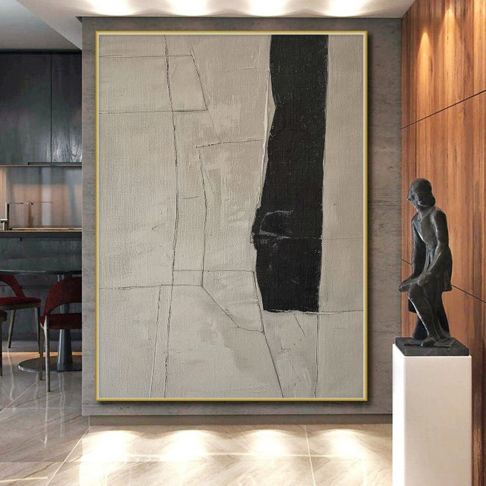 “Beige - Black Geometric Cracks” Abstract Acrylic Art CT0269