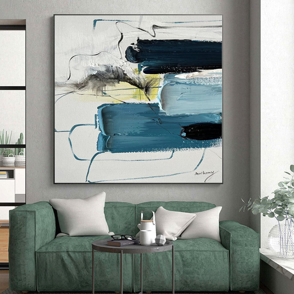 “Blue - Gray Abstract Composition” - Abstract Expressionist Art CT0484