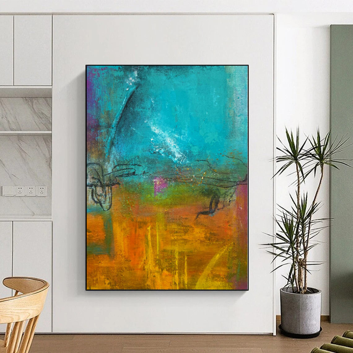 “Vibrant Terrain” - Abstract Painting with Teal, Green, Orange, Purple, Yellow CT0059