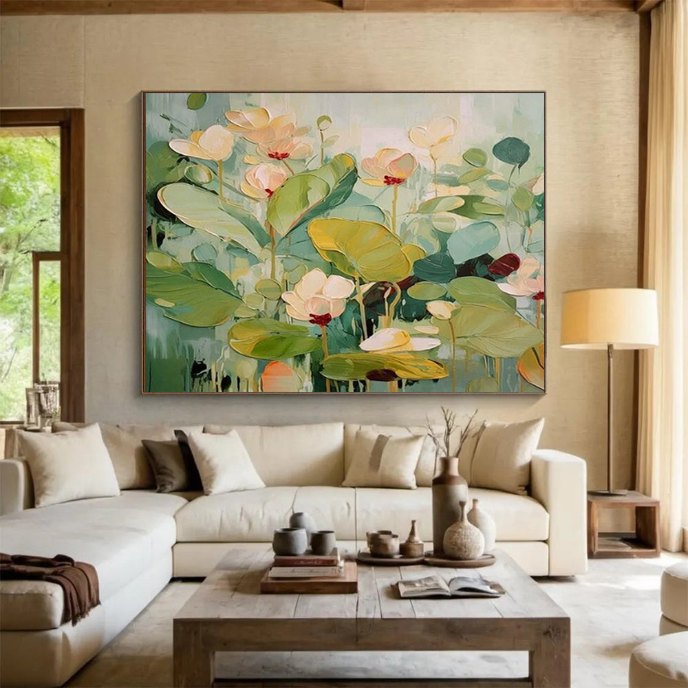 “Lotus Symphony” - Fresh greens, soft pinks, whites; vibrant, layered lotus flowers CT1494