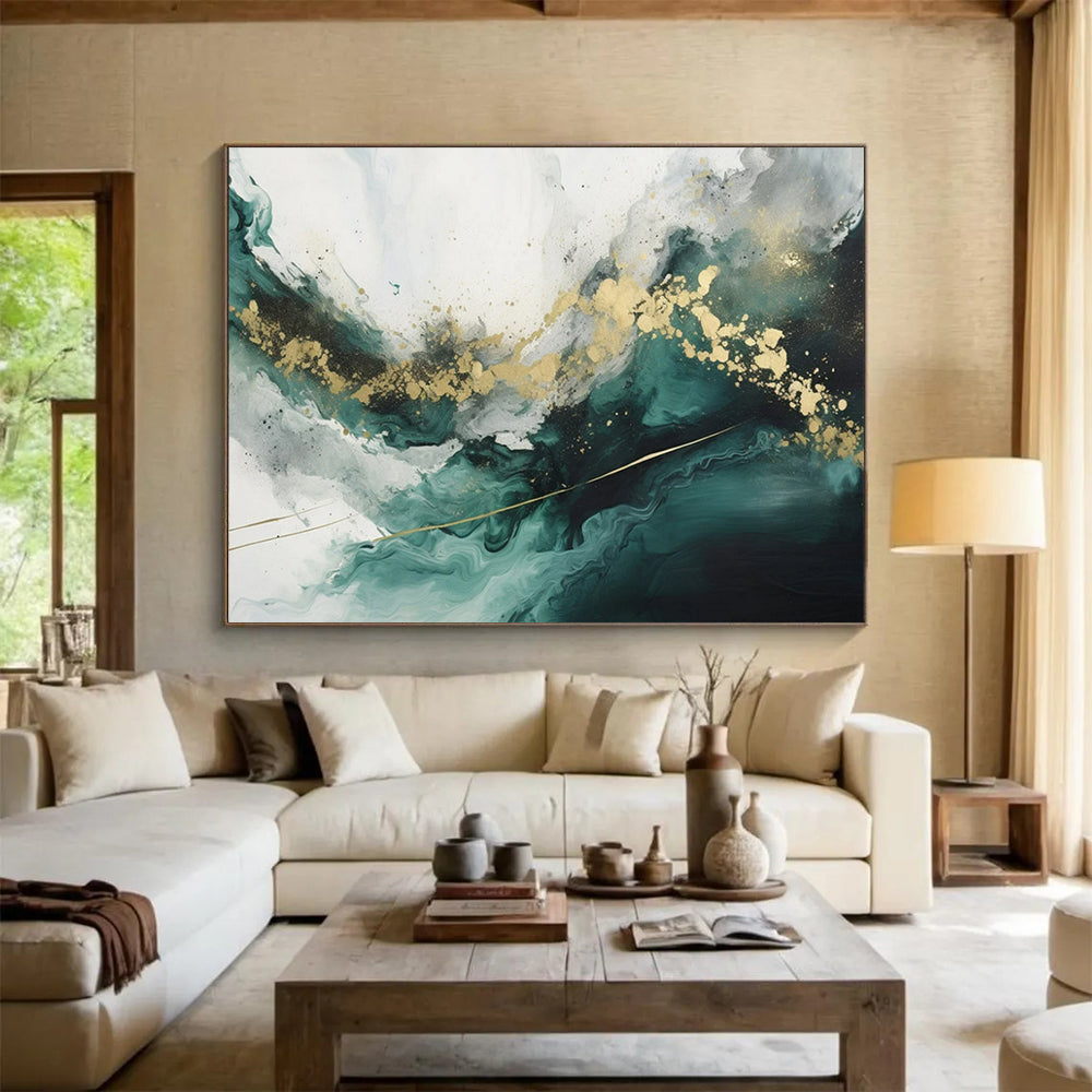 “Teal - Gold Fluid Waves” - Teals, greens, golds; flowing, marble - like abstraction CT1616