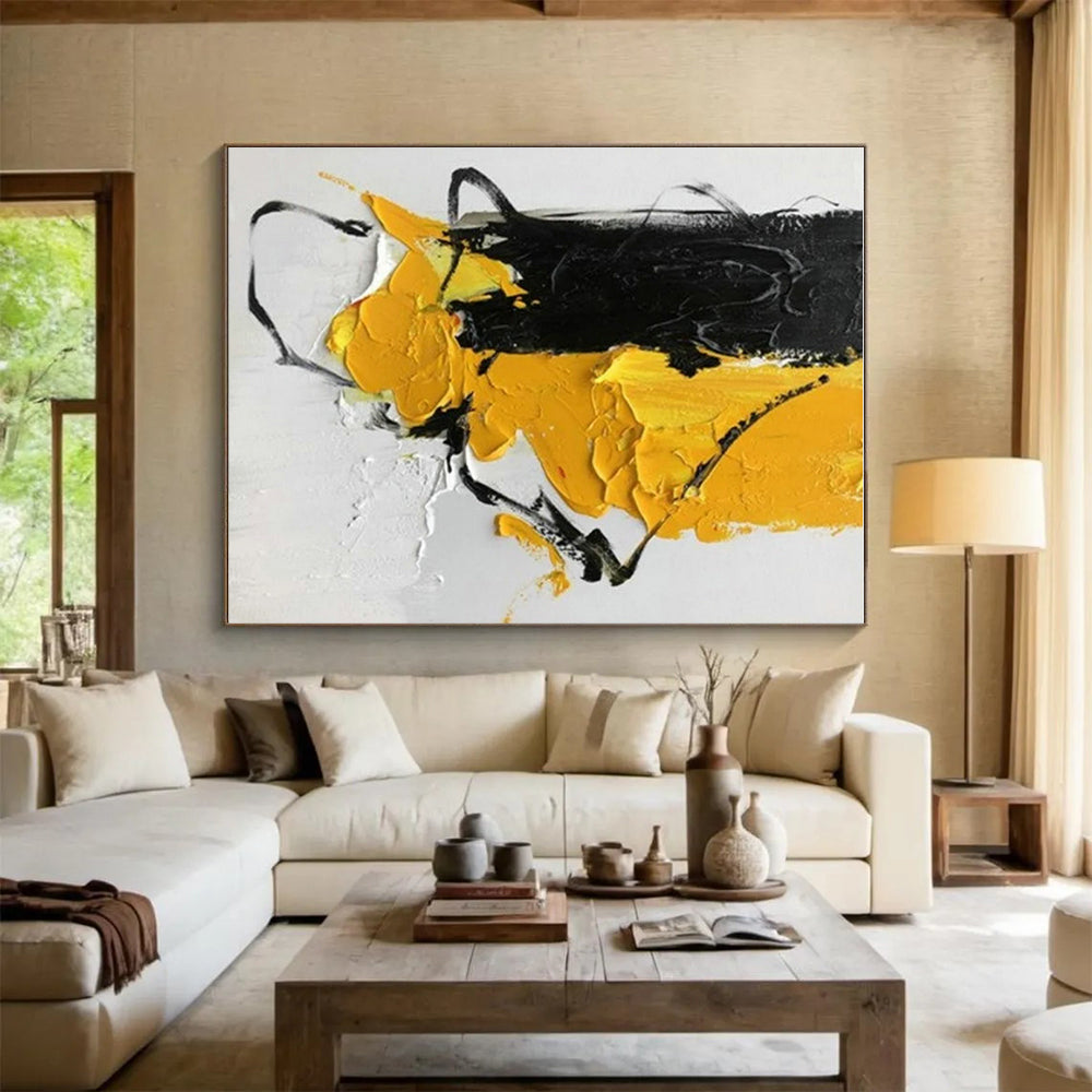 “Black - Yellow - White Textured Composition”,Abstract Textured Art CT0606