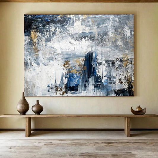 “Blue - Gray Gold Abstract” - Blues, grays, golds; textured, moody abstraction with gold accents CT1623