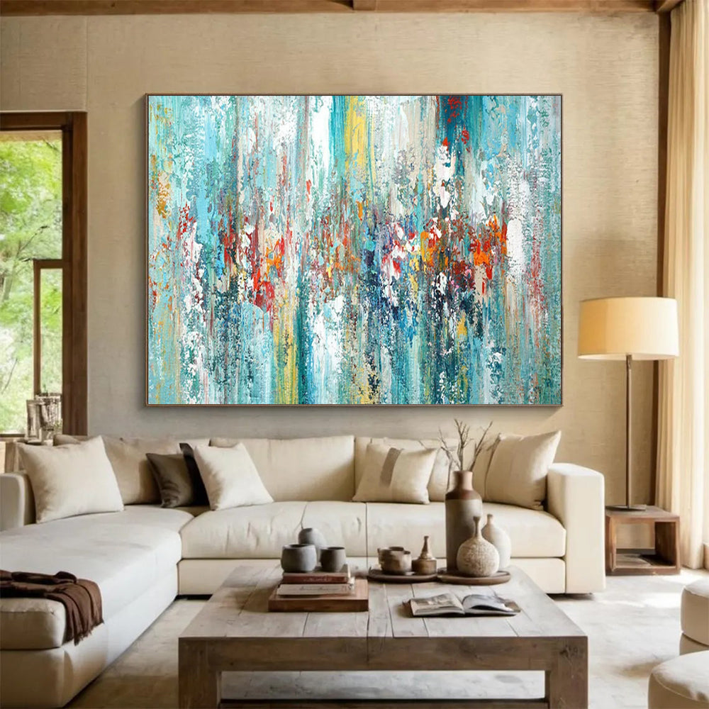 “Turquoise Abstract Symphony” - Turquoise, blues, reds, yellows; vertical, textured color streaks CT1599