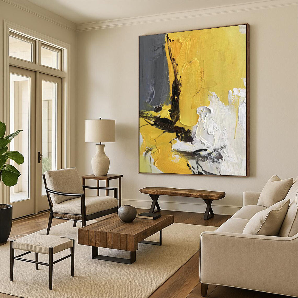 “Yellow - Gray Bold Textures” Abstract Acrylic Art CT0295