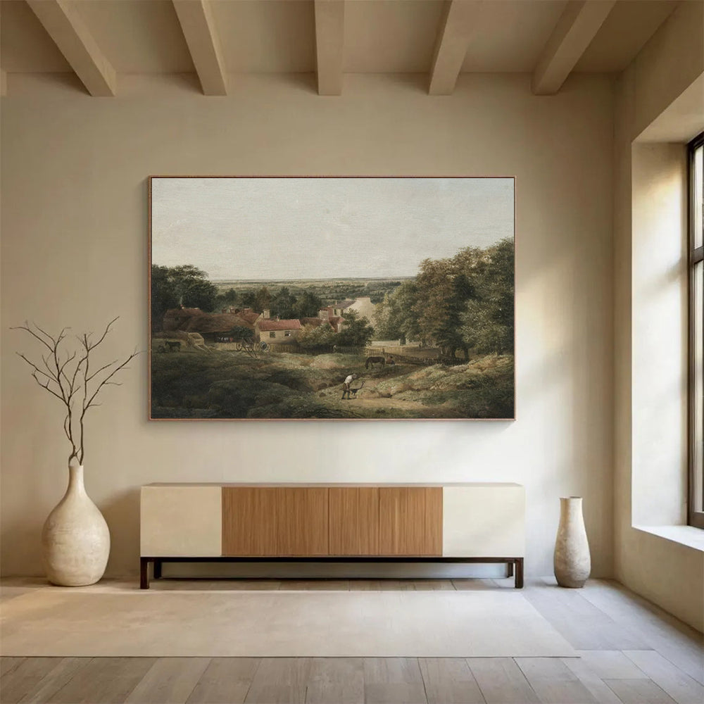 “Rural Idyll in Hues” - Greens, browns, soft tones; detailed pastoral village scene CT1609