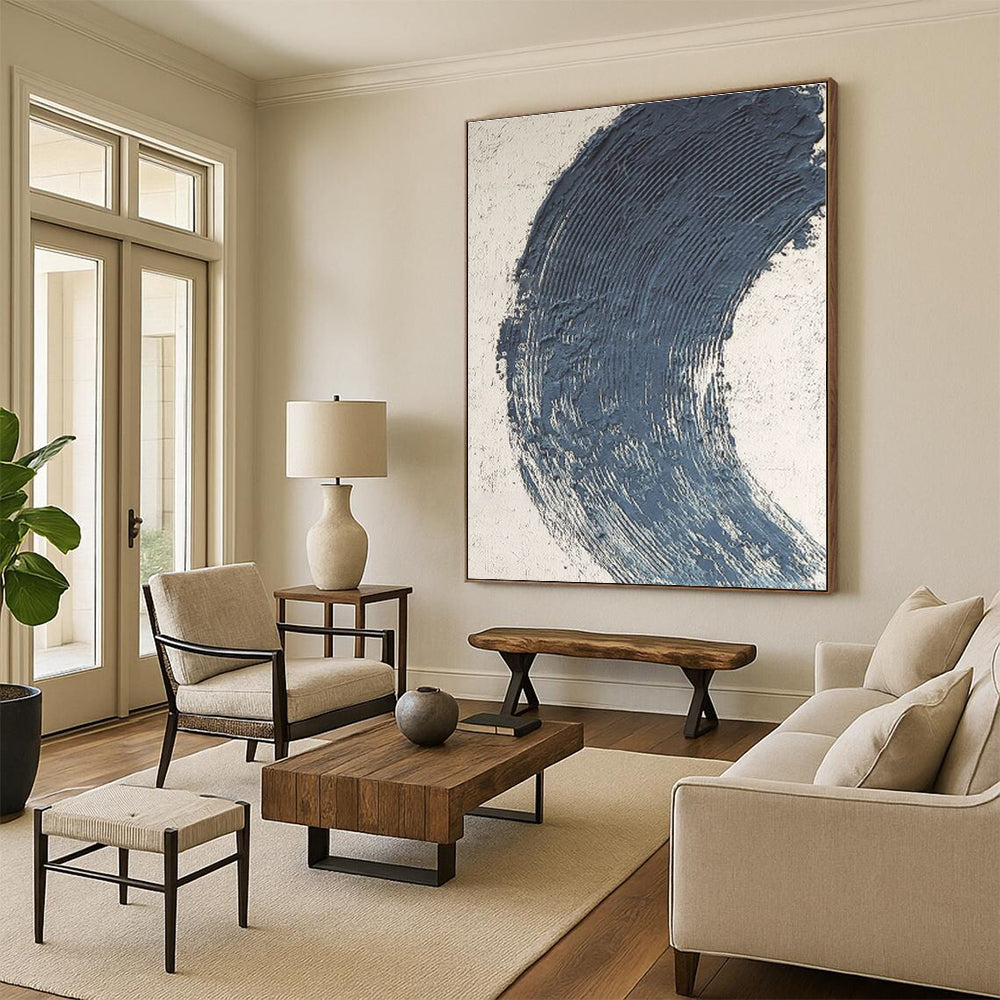 “Blue Crescent Textured Mark” - Abstract Minimalist Art CT0426