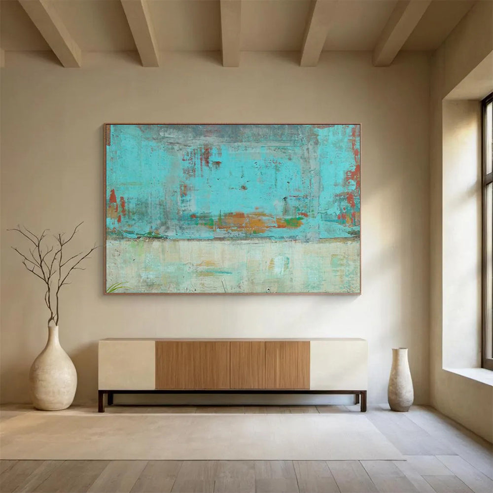 “Turquoise Urban Abstract” - Turquoise, orange, beige; faded, abstract city scene CT1583