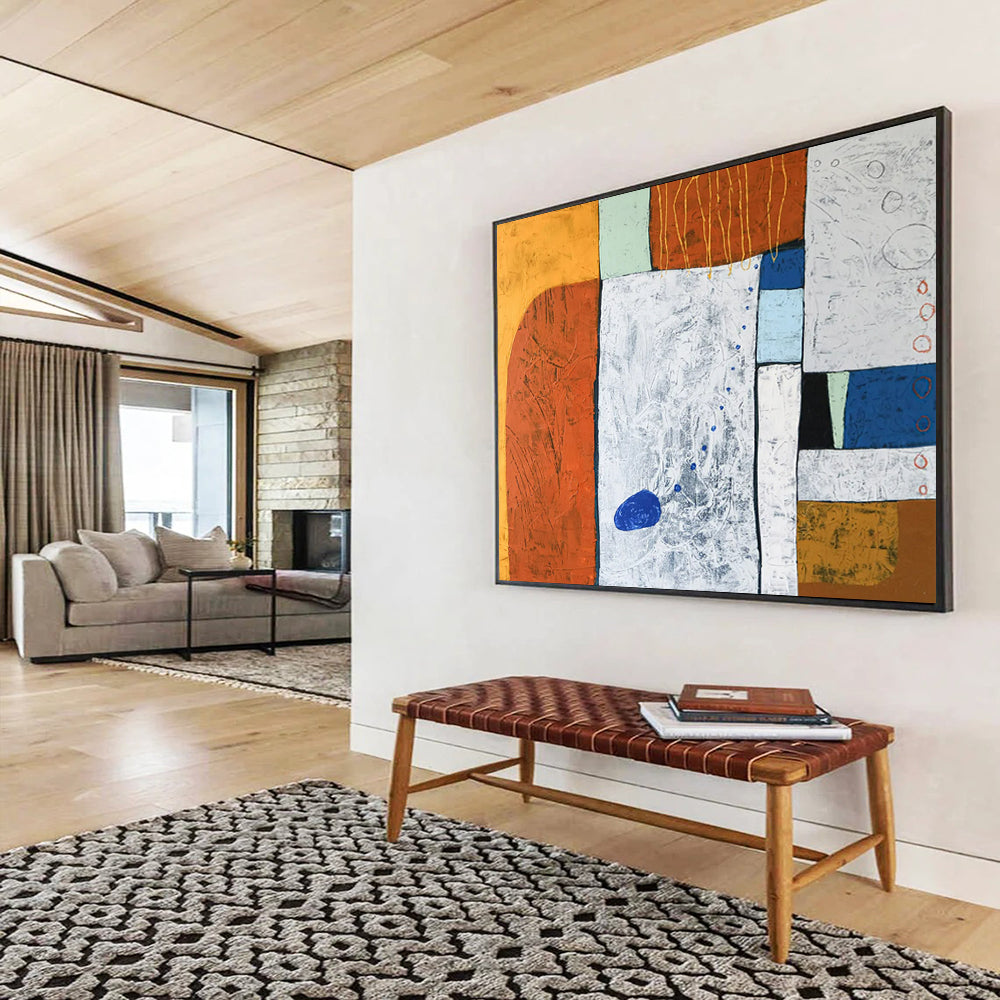 “Textured Color Blocks in Orange, White, and Blue” - Mixed - Media Abstract Art CT1807