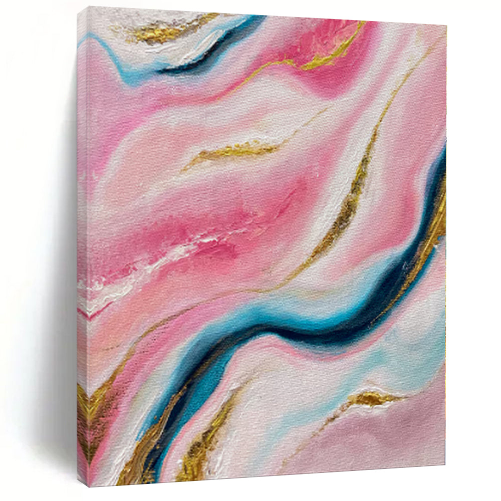 “Pink Marble Gold Veins” - Abstract Painting with Pink, Blue, White, Gold Swirls CT0029