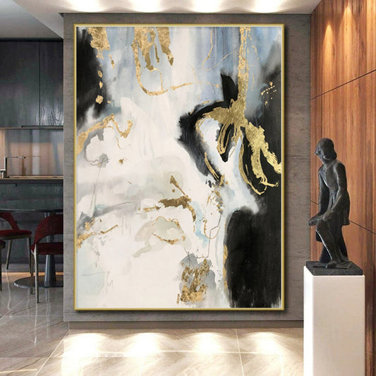 “Black, White, and Gold Abstract Splashes”,Expressive Abstract Painting CT0363