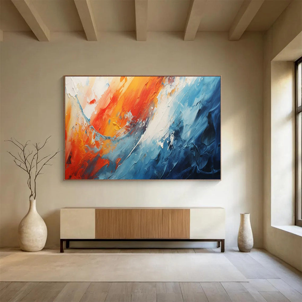 “Fiery Ocean Clash” – Oranges, reds, blues in bold, thick acrylic waves CT1704