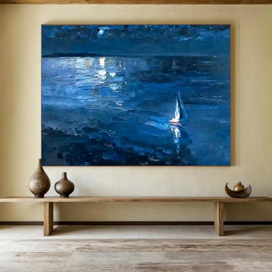 “Moonlit Sailboat at Sea” – Impressionistic Oil Painting CT1784
