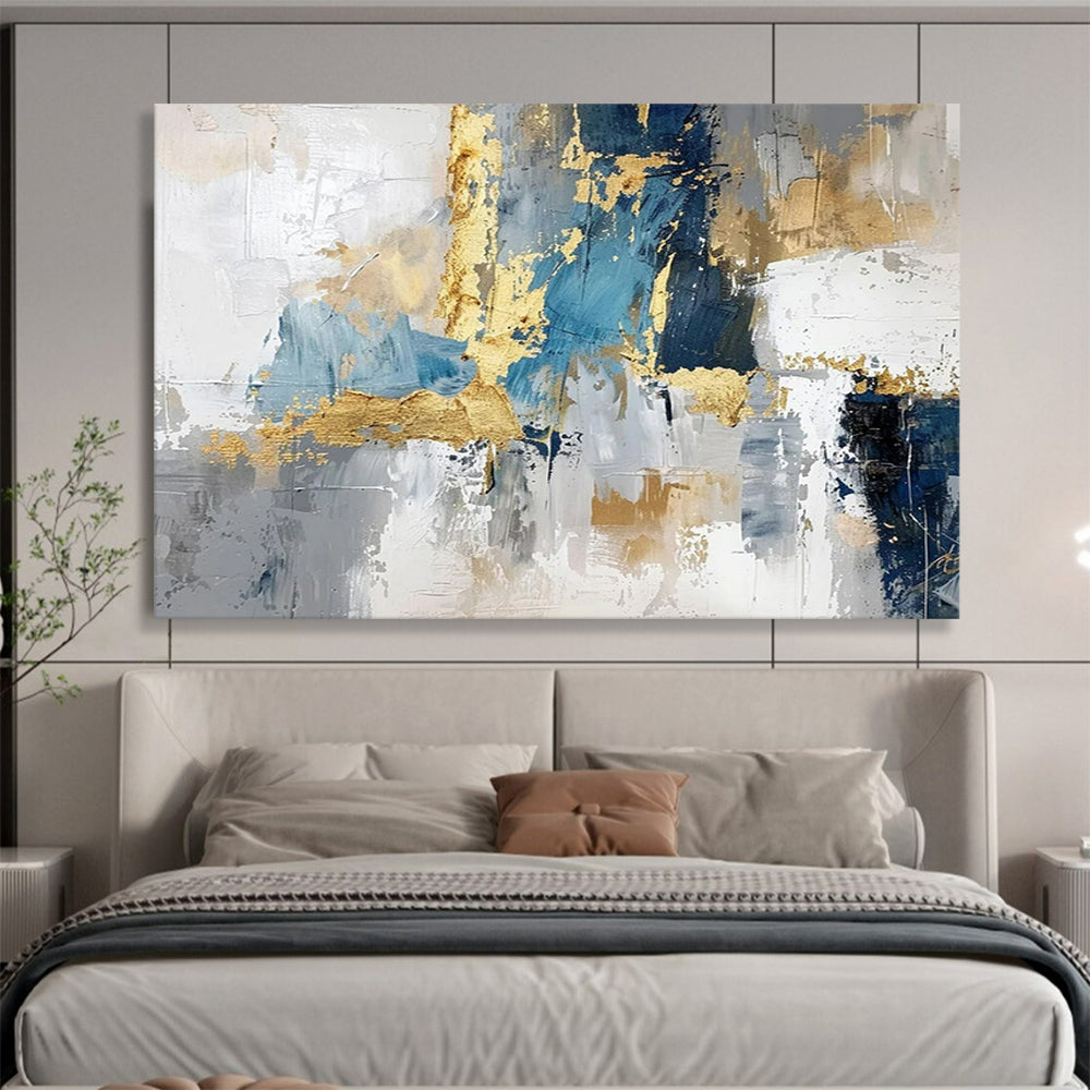 “Gold - Accented Urban Abstract” - Blues, grays, golds; bold, textured geometric abstraction CT1602