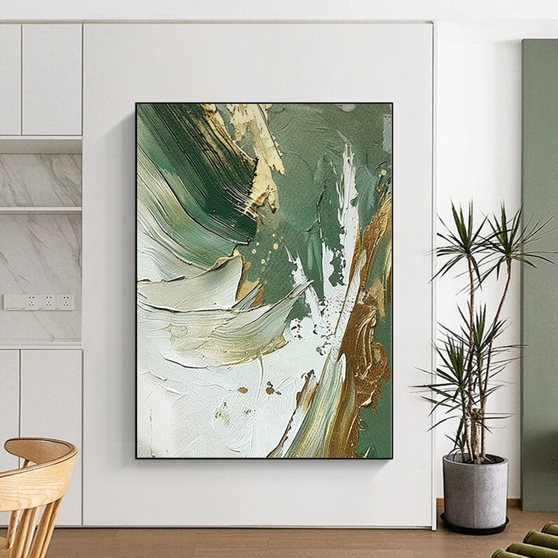 “Emerald & Gold Fusion” - Abstract Art with Green, Gold, White CT0088