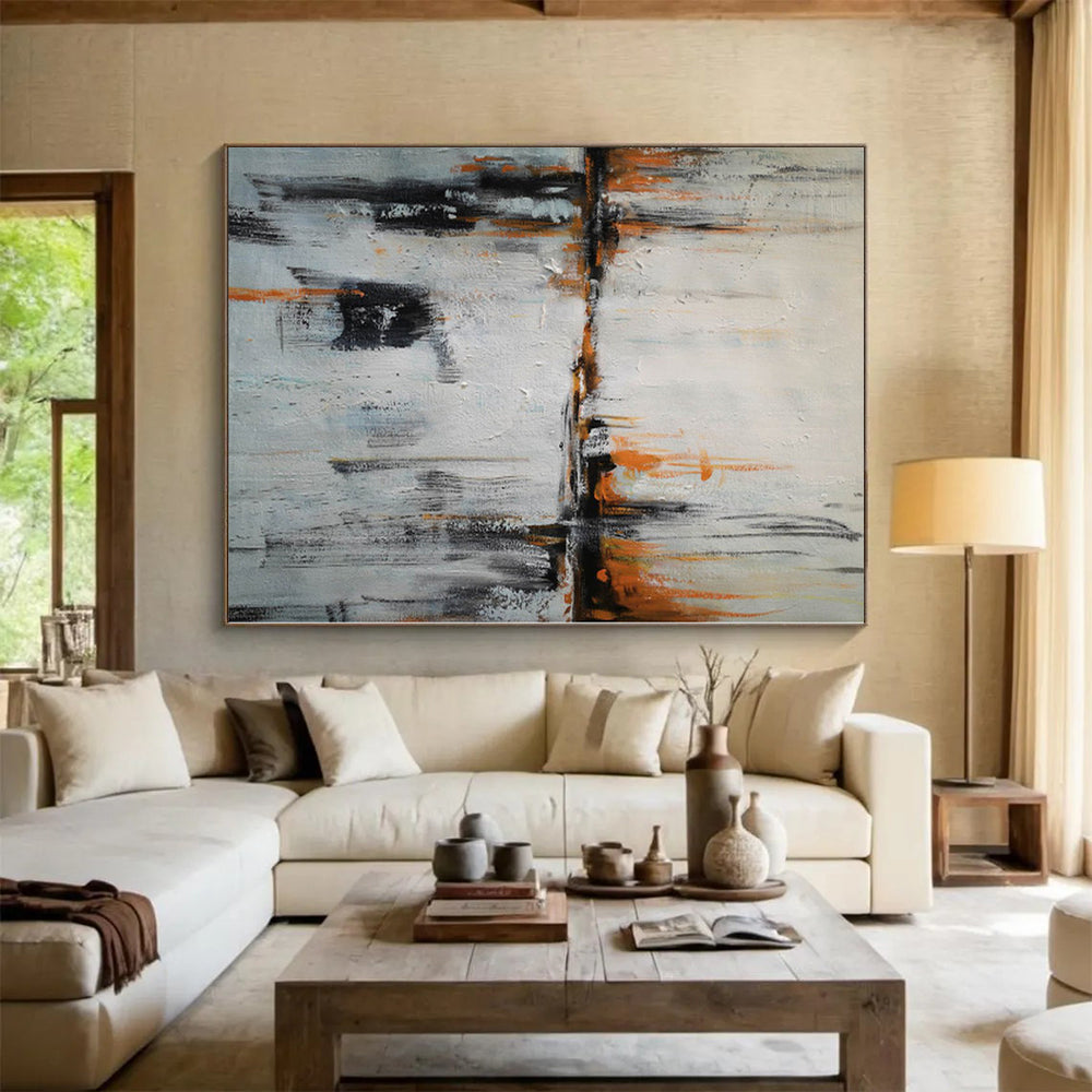 “Orange & Black Strokes on White: City Reflection” - Abstract Landscape Painting CT0384