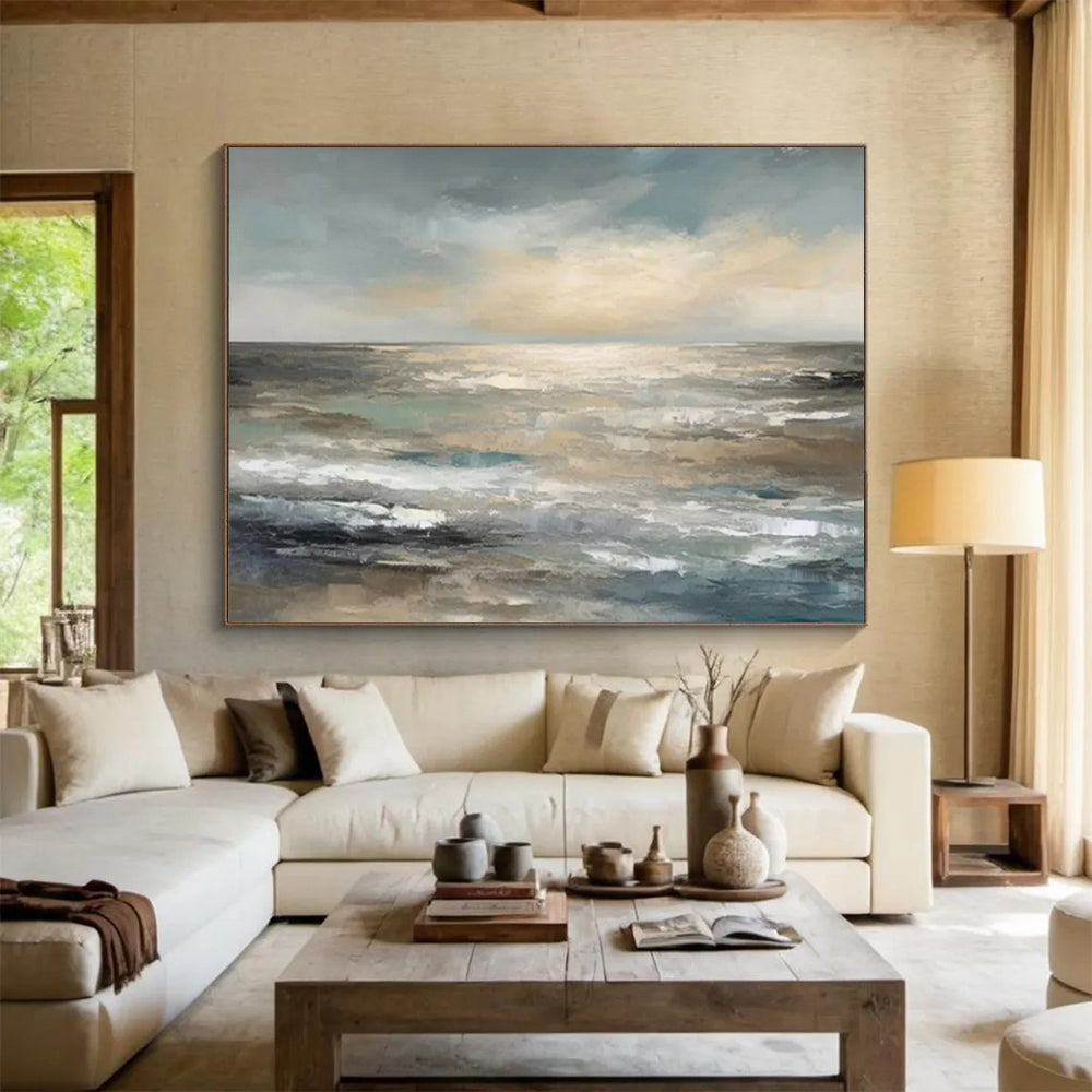 “Muted Ocean Horizon” - Tones of gray, blue, beige; a soft, abstract ocean horizon with gentle waves CT1548