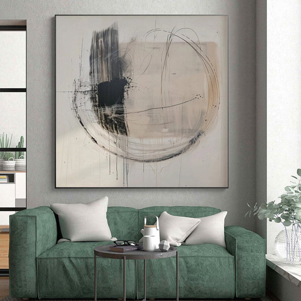 “Beige - Black Dynamic Circles” Abstract Acrylic Art CT0273