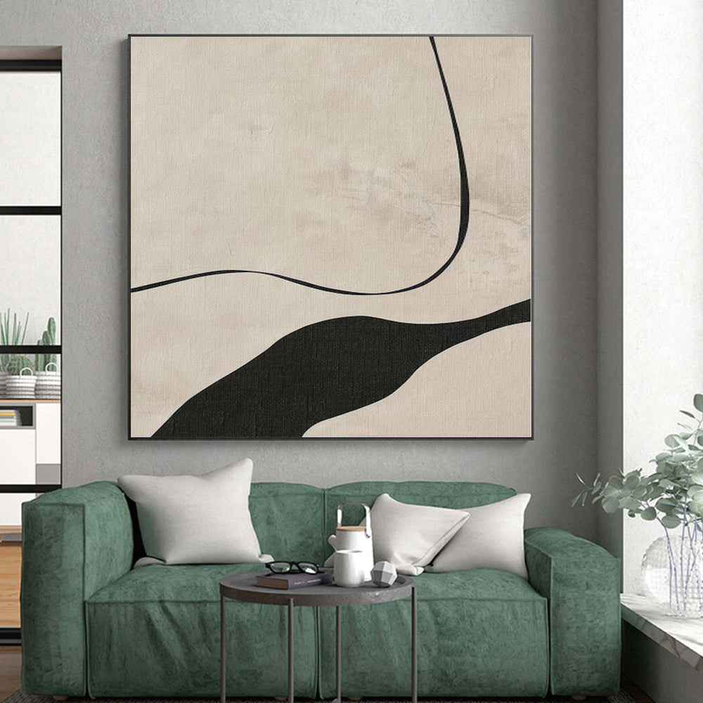 “Beige - Black Curved Lines” Minimalist Acrylic Art CT0264