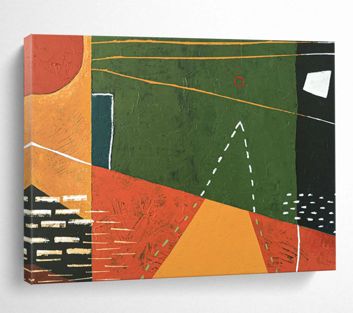“Geometric Play in Green, Orange, and Black” - Modernist Acrylic Composition CT1808