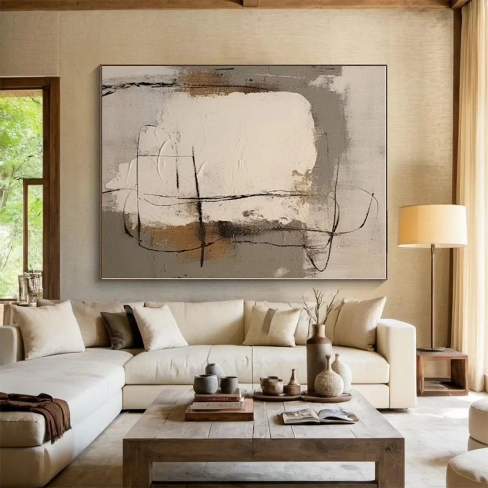 “Neutral Shapes with Black Lines”,Abstract Geometric Oil Painting CT0541
