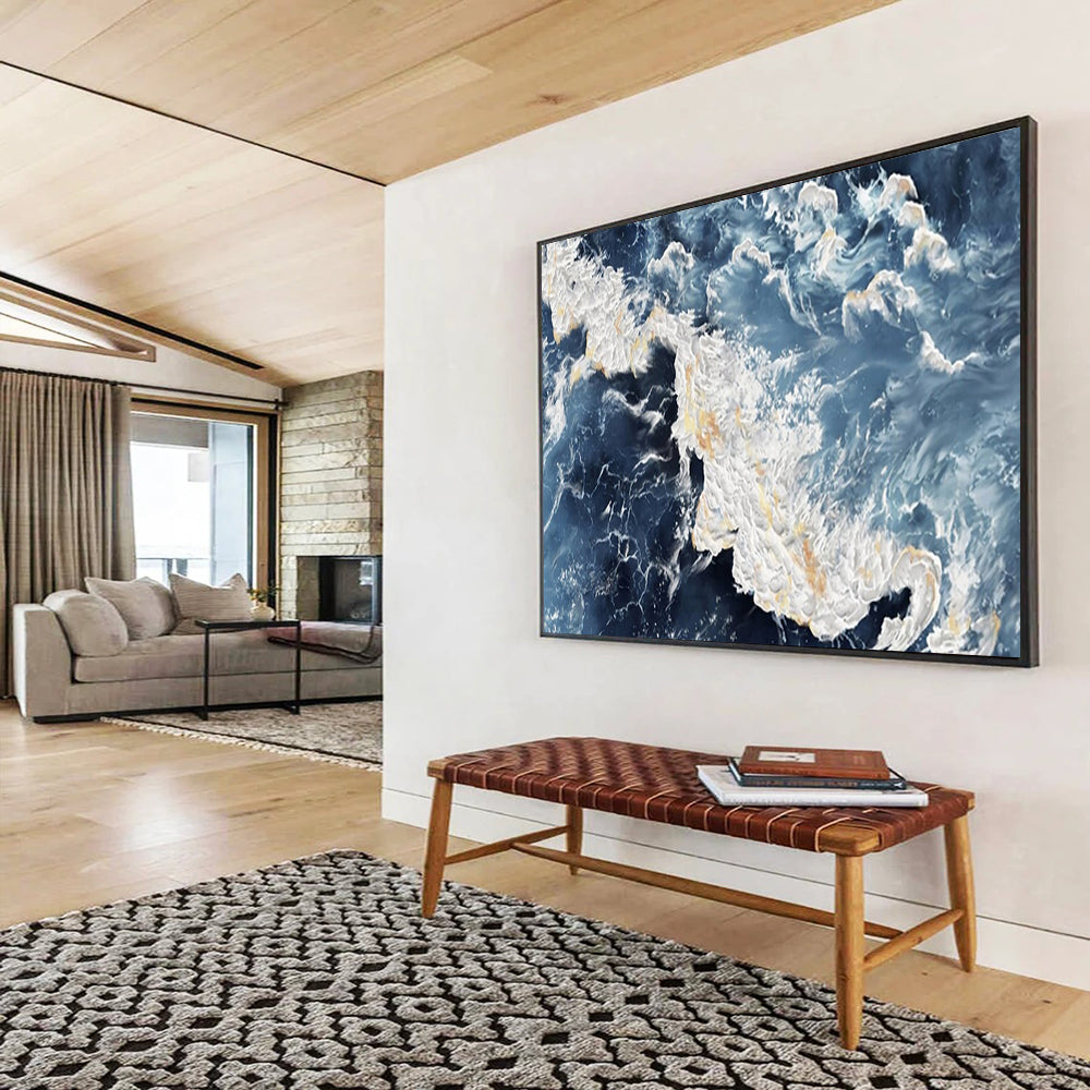 “Sea Splash” - Hues of dark blue, light blue, white, and gold; surging waves with golden glints in the spray CT1528