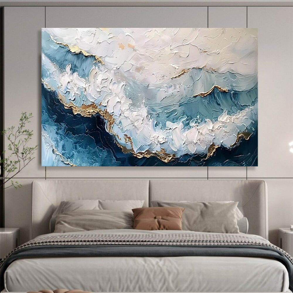 “Textured Ocean Gold” - Blues, whites, golds; thick, impasto ocean waves with metallic accents CT1604